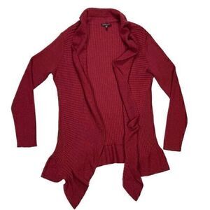 Eileen Fisher Wool Cardigan Sweater Womens Medium Burgundy Open Front Ruffle Hem